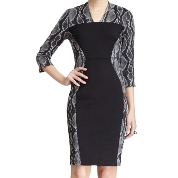 French Connection Black Snake Skin Print Sheath Dress, 3/4-Sleeve Women's Size 6 - Picture 10 of 11